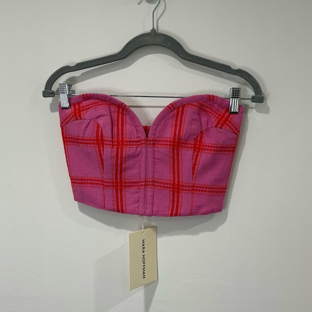 NWT Mara Hoffman Rilynn Cropped Strapless Embroidered Checked Cotton Top - Picture 5 of 7